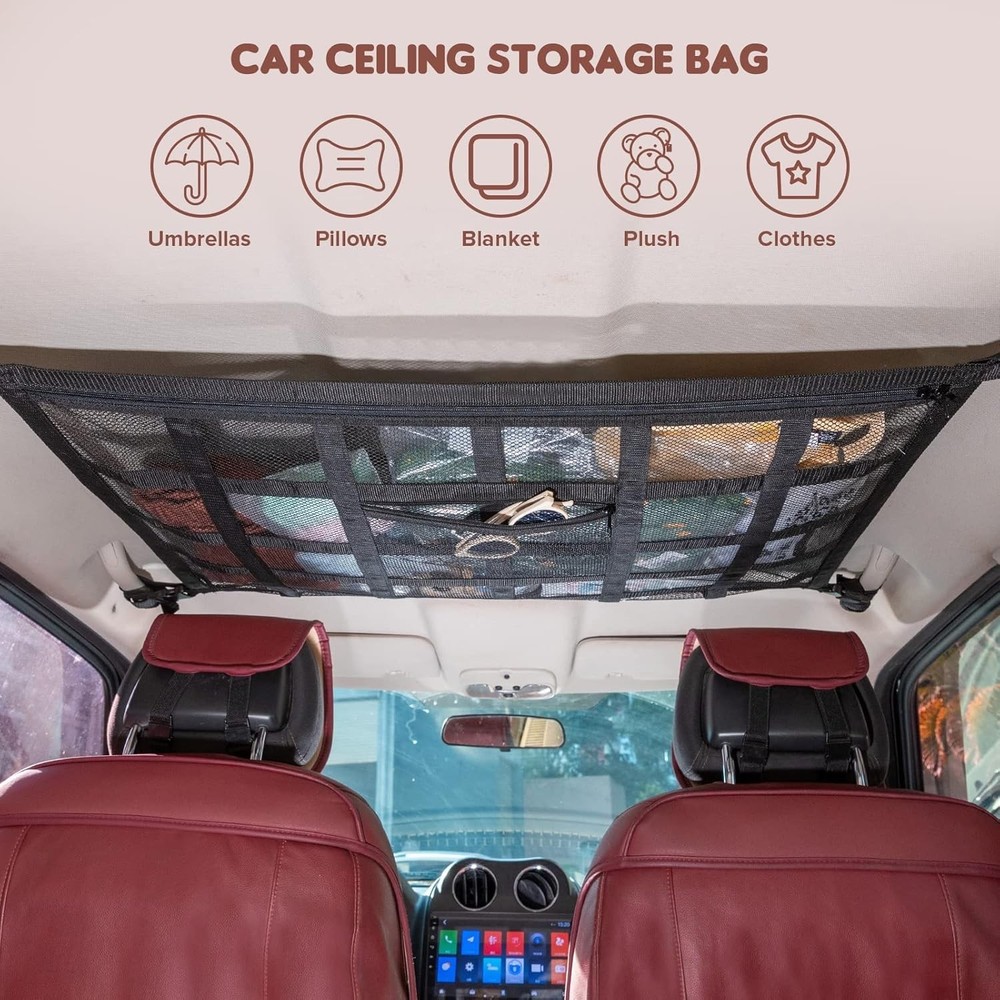 Double-Layer Car Ceiling Cargo Net Pocket - 31.5x21.6 Inches Storage Solution