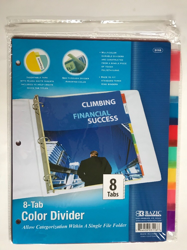 8-Tab See Through Assorted Color 3-Ring Binder Divider White Insertable Tabs NEW