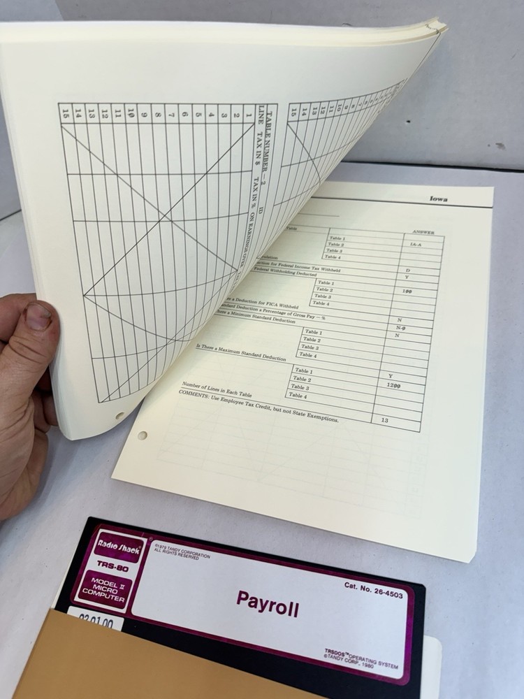 Radio Shack TRS-80 Payroll Program Diskette Certified w/ Documentation #20