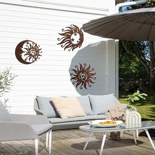 Sun Moon Metal Wall Art - Rust Colored Rust Proof Wall Sculpture Set Sun Face