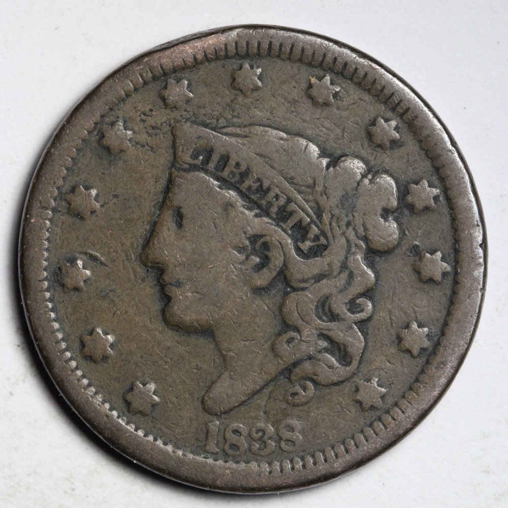 1838 Coronet Head Large Cent CHOICE VF E222 DNL