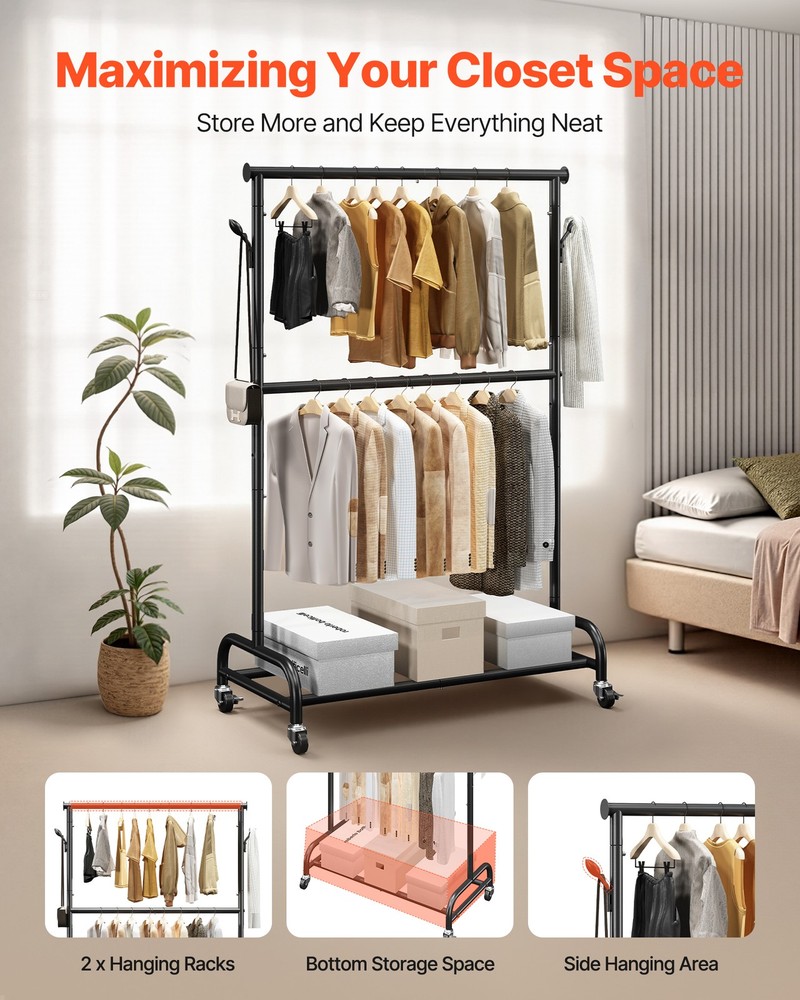 VEVOR Rolling Clothes Rack with Adjustable Crossbar & Side Hooks 150 lbs Load