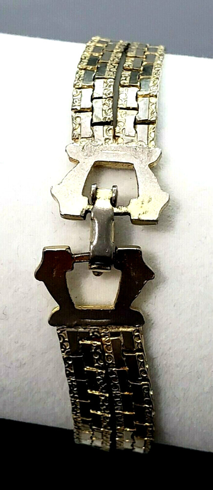 Box Chain Bracelet Gold Tone Etched Design Rectangular 2 Strands 7" Vintage