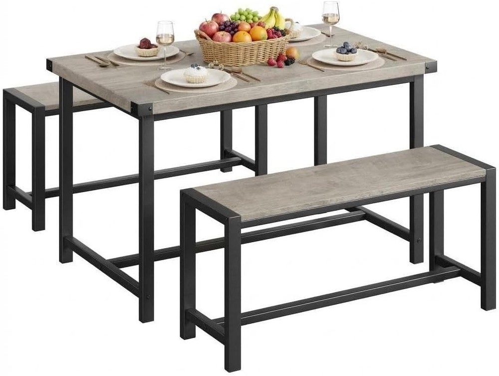 Industrial Dining Table Bench Set, MDF Metal 3 Piece for Kitchen Small Space