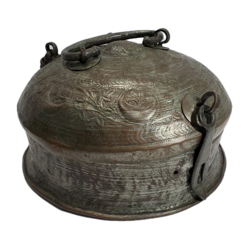 Antique Copper Indian Chapati Box Hand Made Rustic Hardware 9.5" Diameter