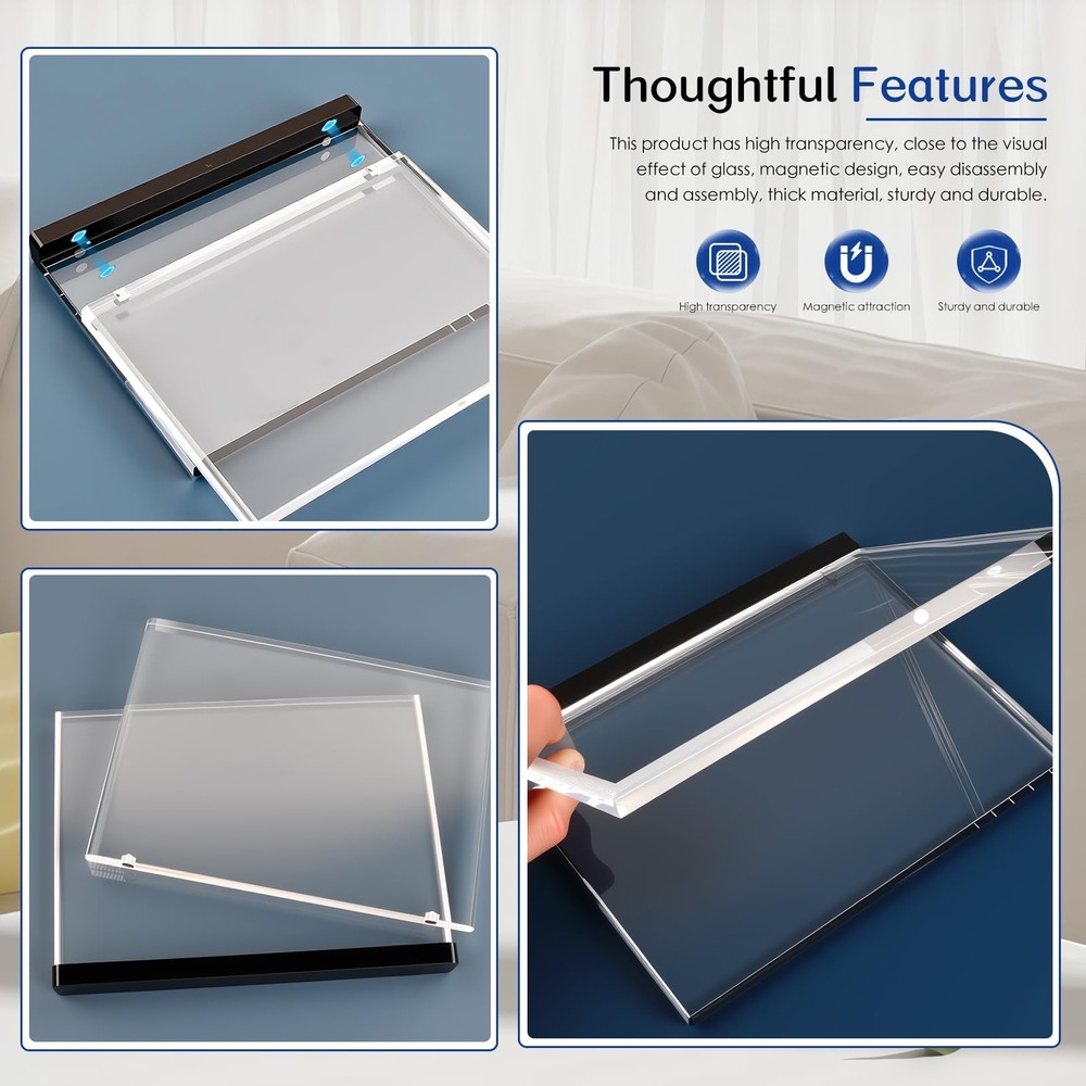 Magnetic Acrylic Picture Frames – Thick Double-Sided Clear Display, Black Bas...