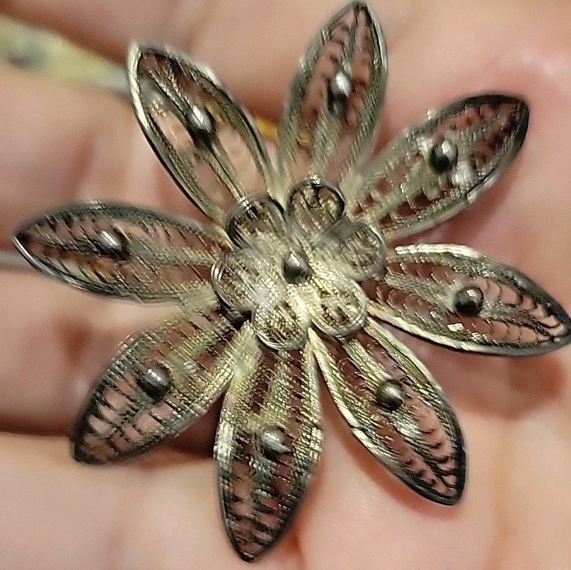 Unsigned Flower Silvertone Vintage Likely Mexico