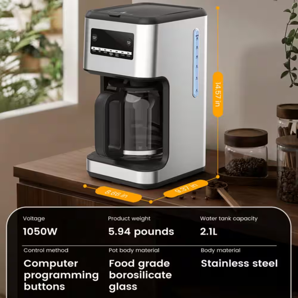 14-Cup Coffee Maker with Carafe Auto Brew Timer Stainless Silver