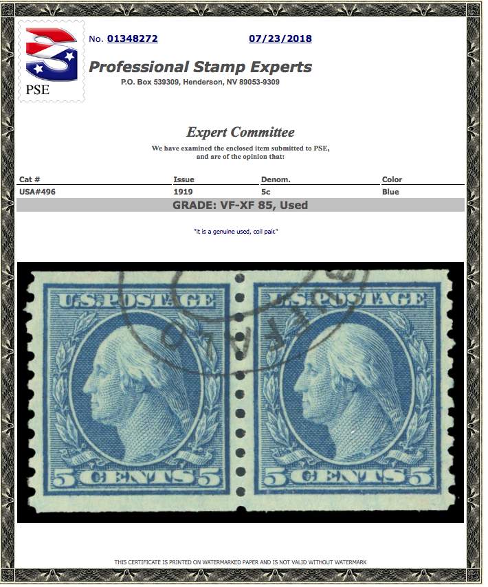 #496 Used Coil Pair, PSE Graded 85, Cert # 01348272