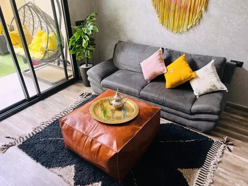 Square Goat Classic Moroccan Footstool Boho Leather Handmade Ottoman Pouffe