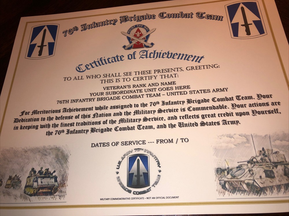76TH INFANTRY BRIGADE COMBAT TEAM - COA / (COMMEMORATIVE CERTIFICATE)