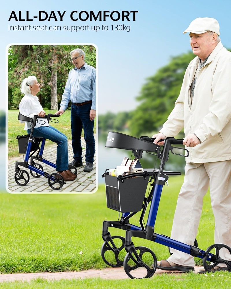 Foldable Rollator Walker with Seat & Backrest 16 lb Lightweight 8" Wheels