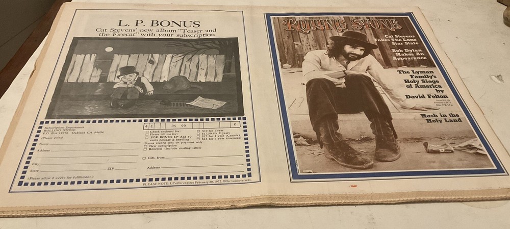 ROLLING STONE MAGAZINE January 5 1972 Cat Stevens Bob Dylan Flat