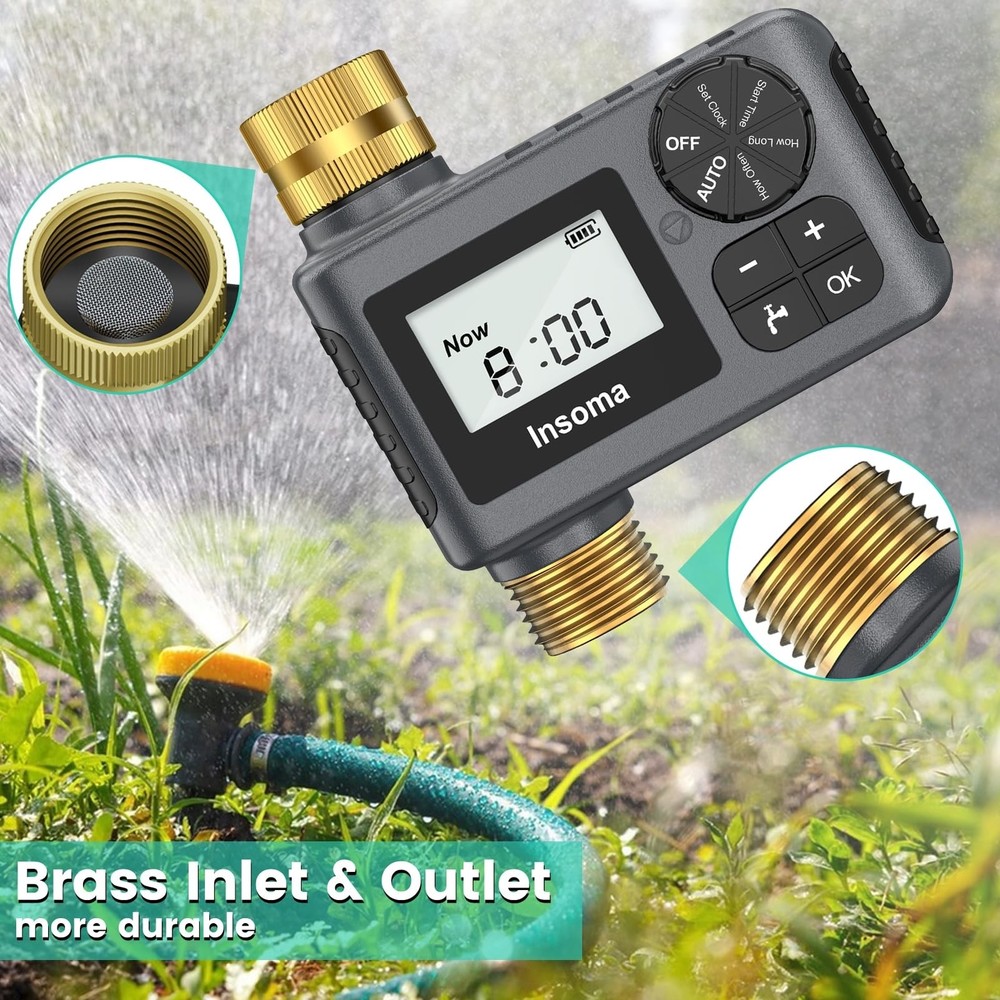 Sprinkler Timer with Brass Inlet and Outlet, Programmable Water Timer for Out...