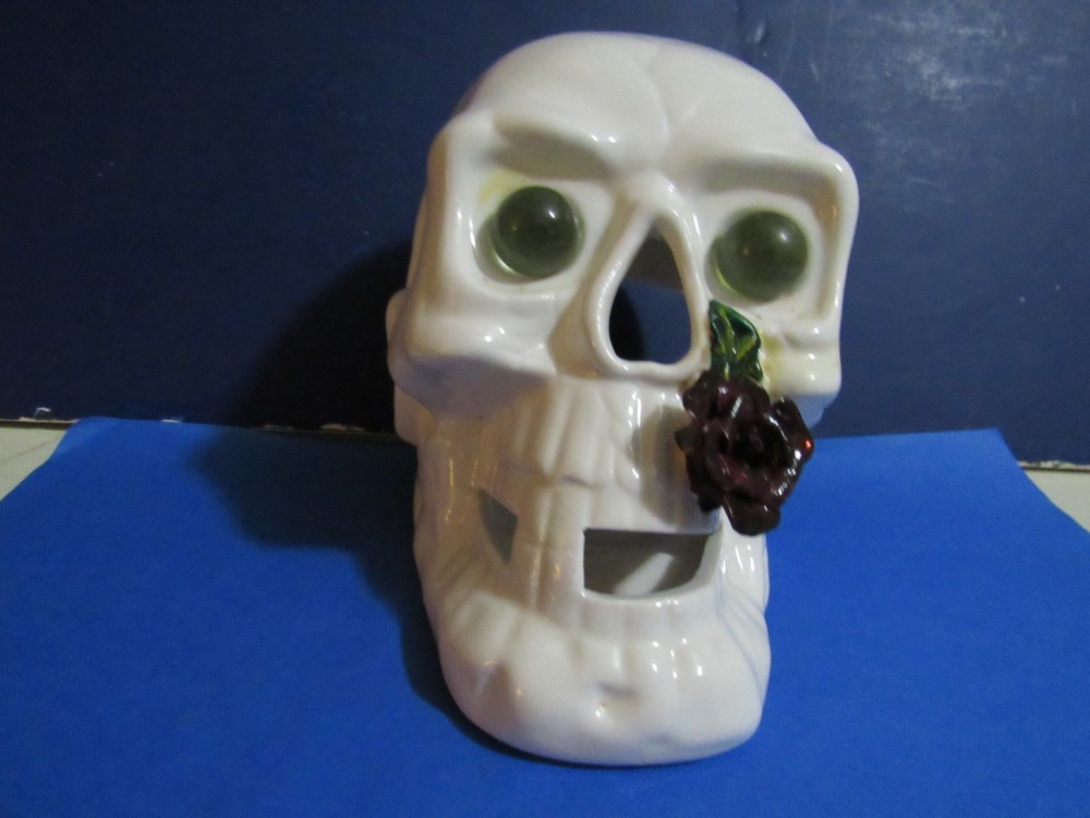 Skull with rose tea light candle holder ceramic