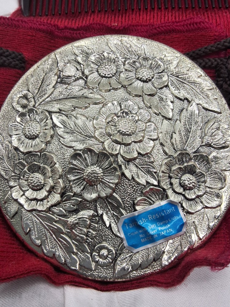 Vintage Silver Plate 3pc Vanity Set Floral Repousse Mirror Compact Comb Boxed