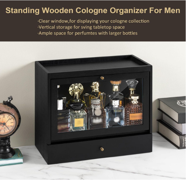 Cologne Organizer for Men – Solid Wood Perfume Holder with Drawer,Large Capacity