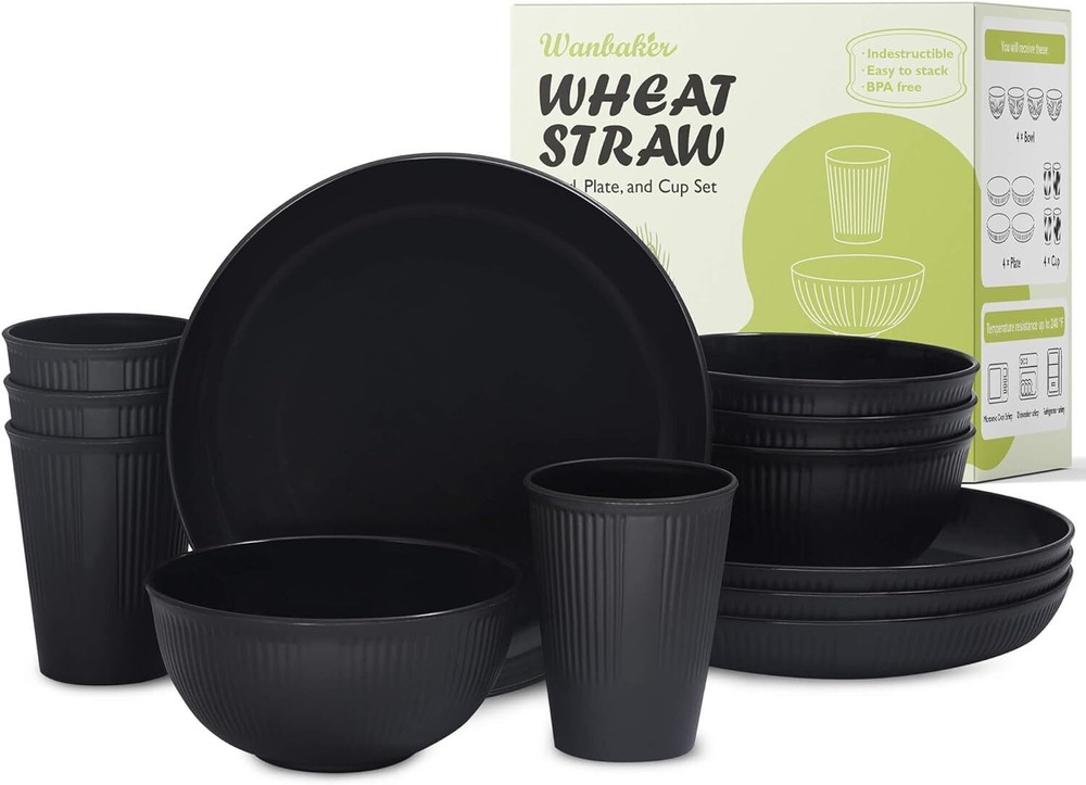 12pcs Wheat Straw Dinnerware Sets for 4, Kitchen Plate, Black