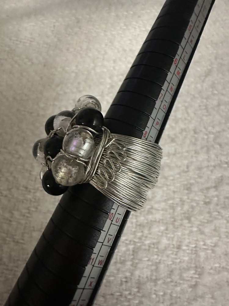 Black Bead & Silver Foil Clear Bead Wire Wrapped Statement Ring Size 9