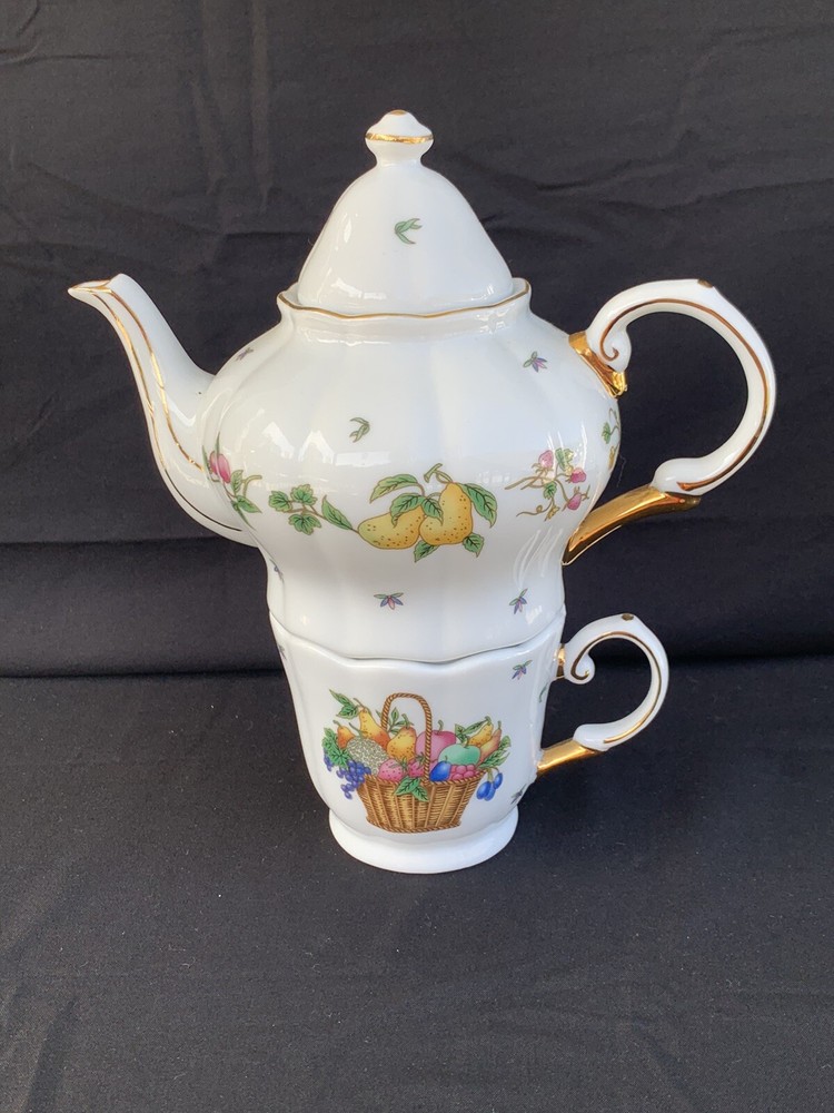 Porcelain Stacking Teapot & Cup - Fruit Pattern ~ Free Shipping