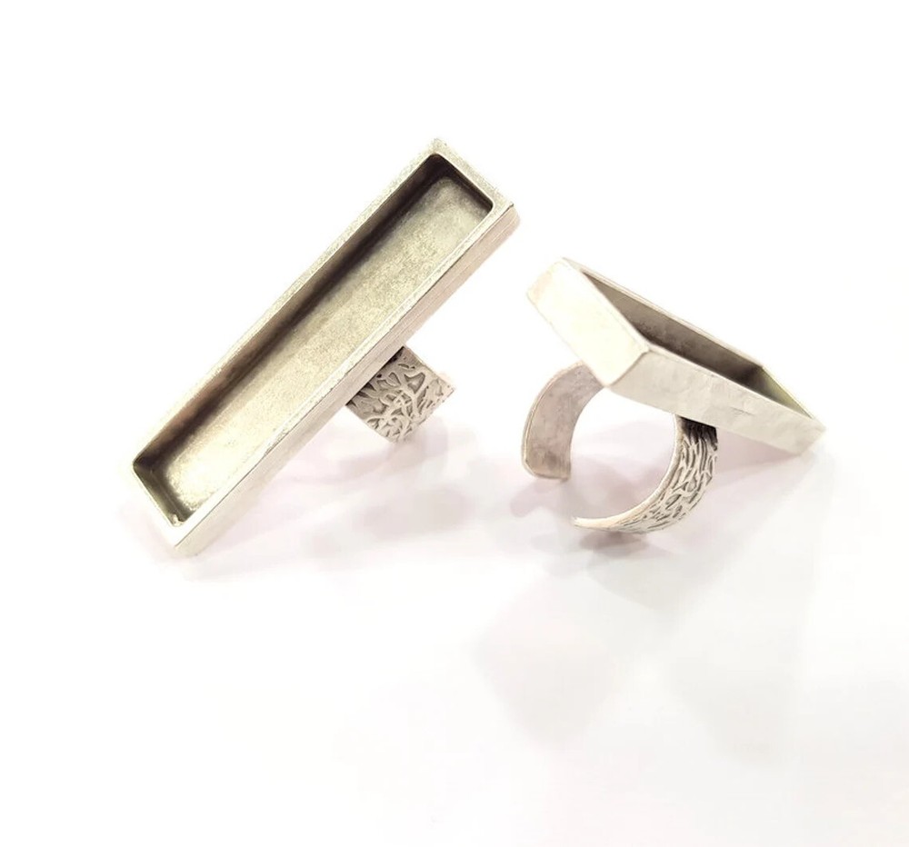 Rectangle Blank Ring Setting Base Bezel inlay Backs Cabochon Adjustable Silver