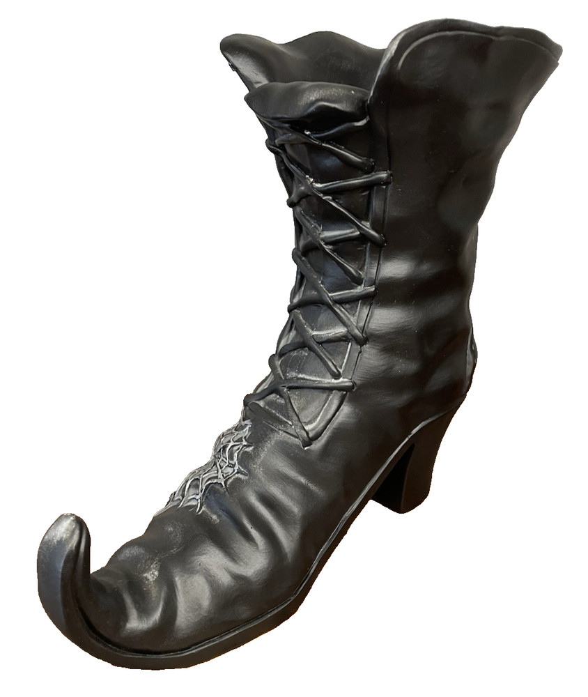 Halloween Black Witch's Boot Tabletop Prop Bowl Spider & Web Curled Toe