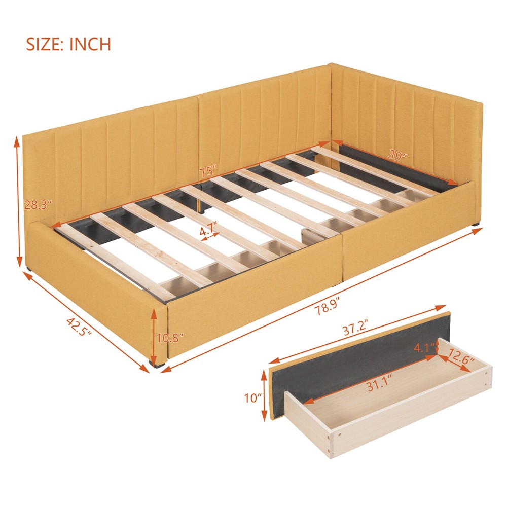 Twin Size Daybed with 2 Drawers Upholstered Bed Frame Sofa Bed w/ Storage