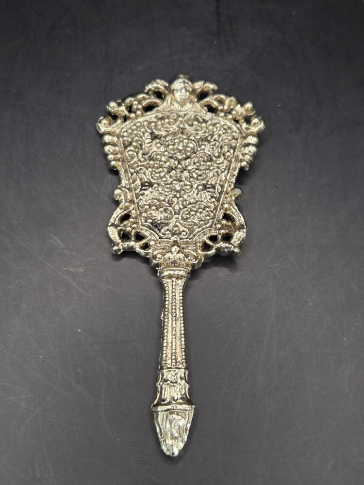 Antique Ornate Ormolu Mini Handheld Mirror Goldtone Doll Sized