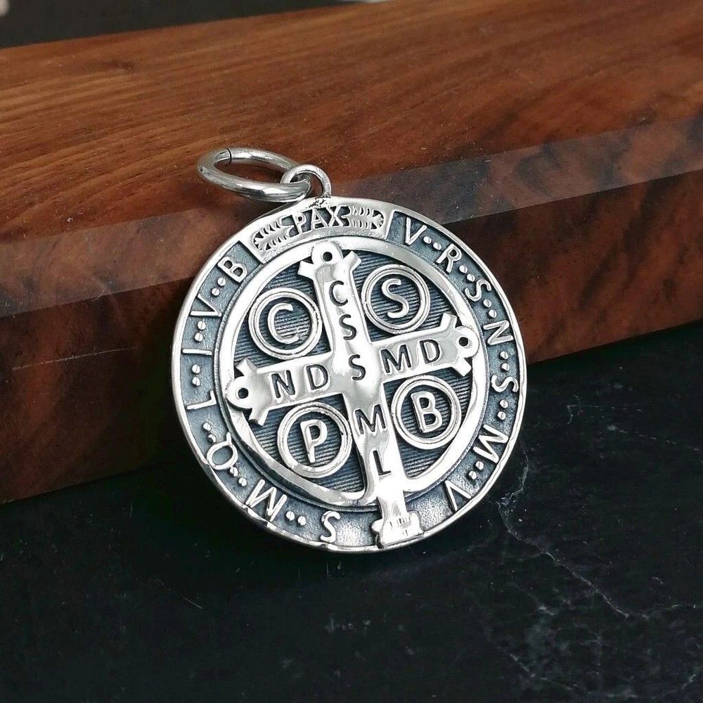 Solid 925 Sterling Silver 28mm Round Saint Benedict Medal Pendant Great Gift