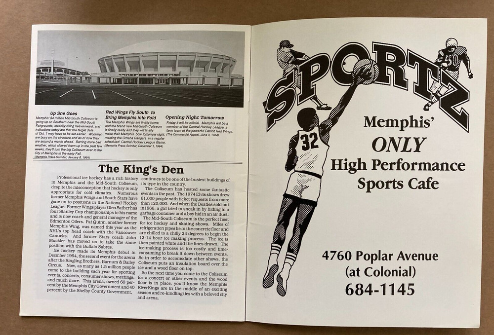Memphis RiverKings Illustrated 1992-93 Program, 3rd Edition, Vintage, Rare