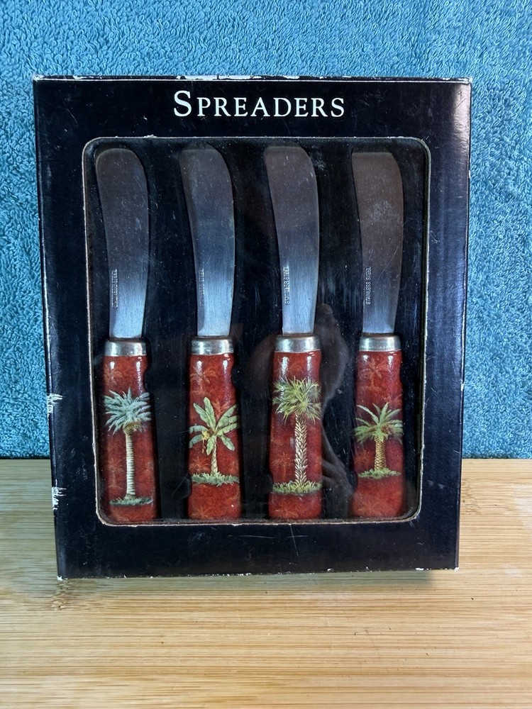 Cheese or Dip Spreader Knife Ceramic handle with palm trees on red background