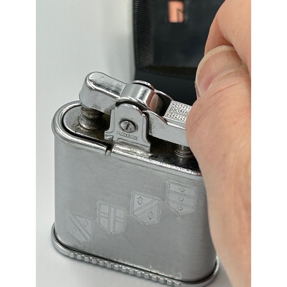 Vintage Ronson Standard Silver Tone Lighter Engraved Heraldic Crest with Case