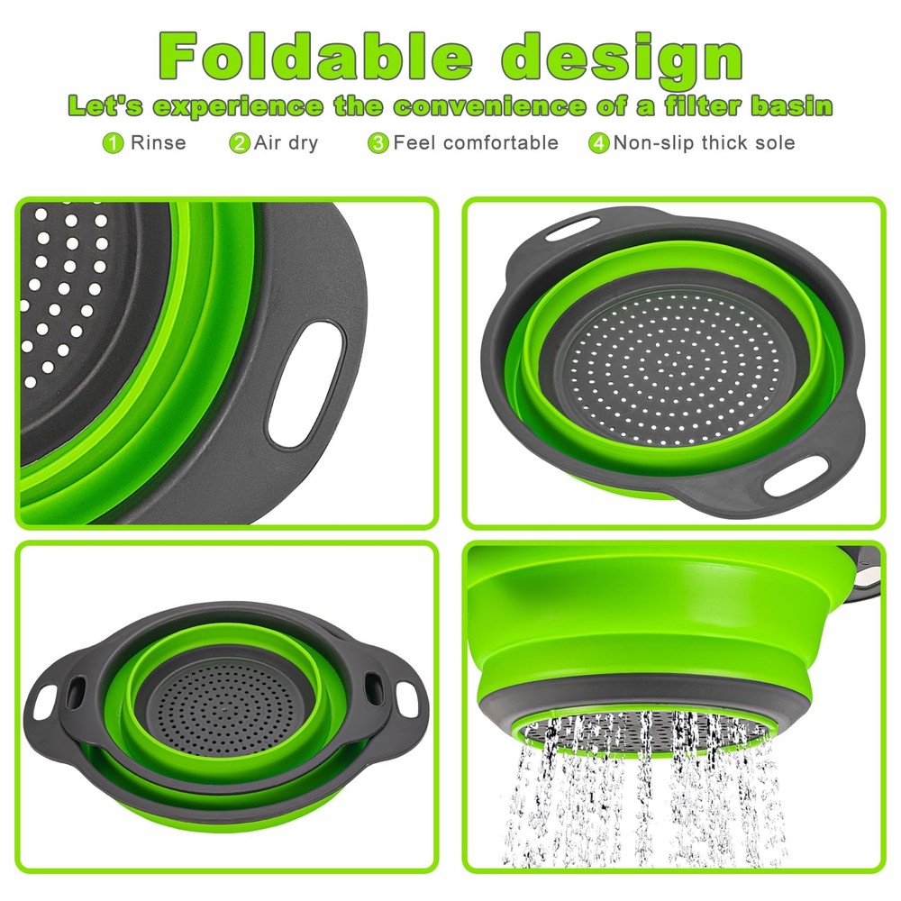 2 Pack Green Collapsible Silicone Colanders, Round Kitchen Strainer Set