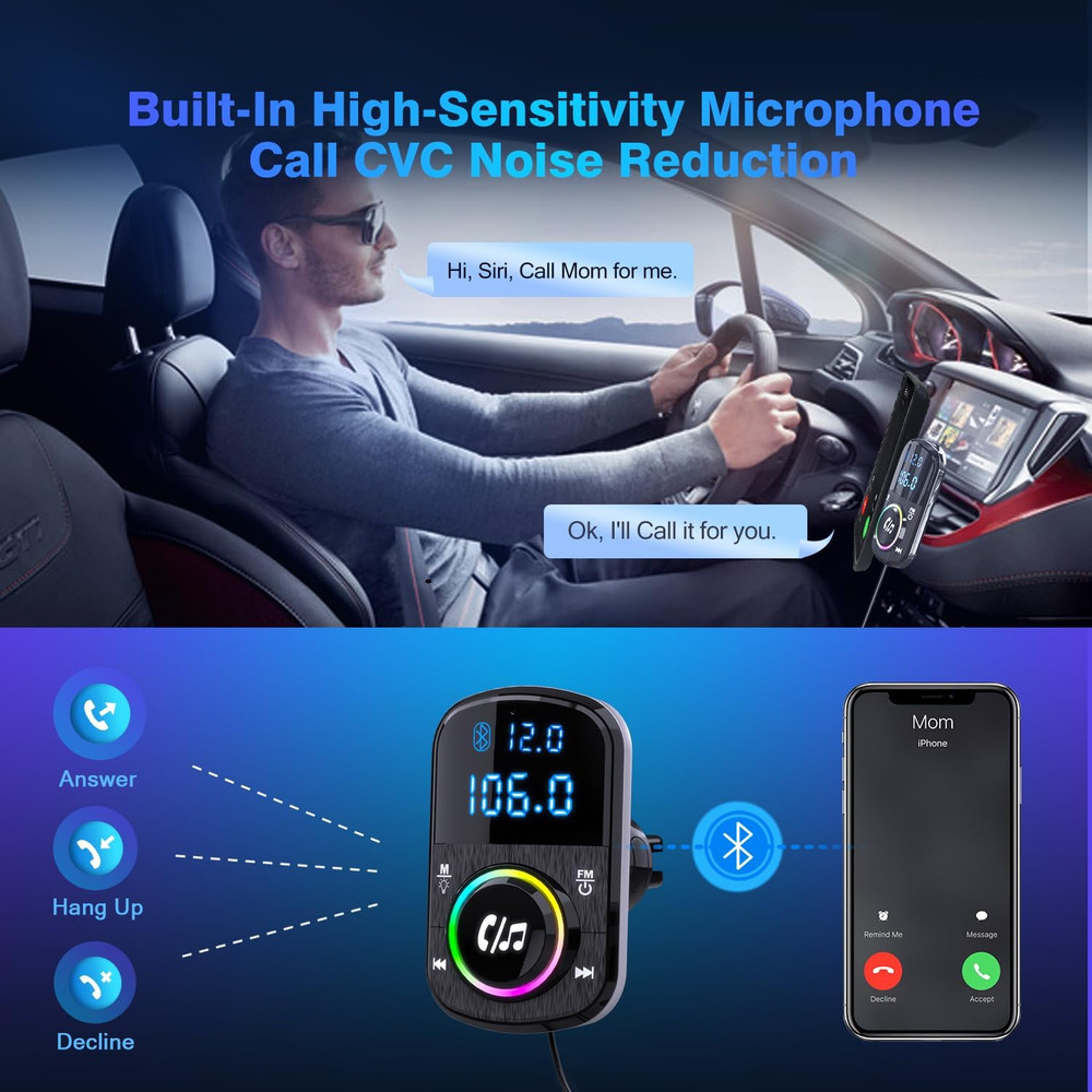 FM Transmitter, Hands Free Car Phone Kit Bluetooth, Support QC3.0 & PD Fast C...
