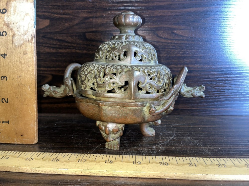 Chinese Lidded Bronze Censer with Double Dragon Handles