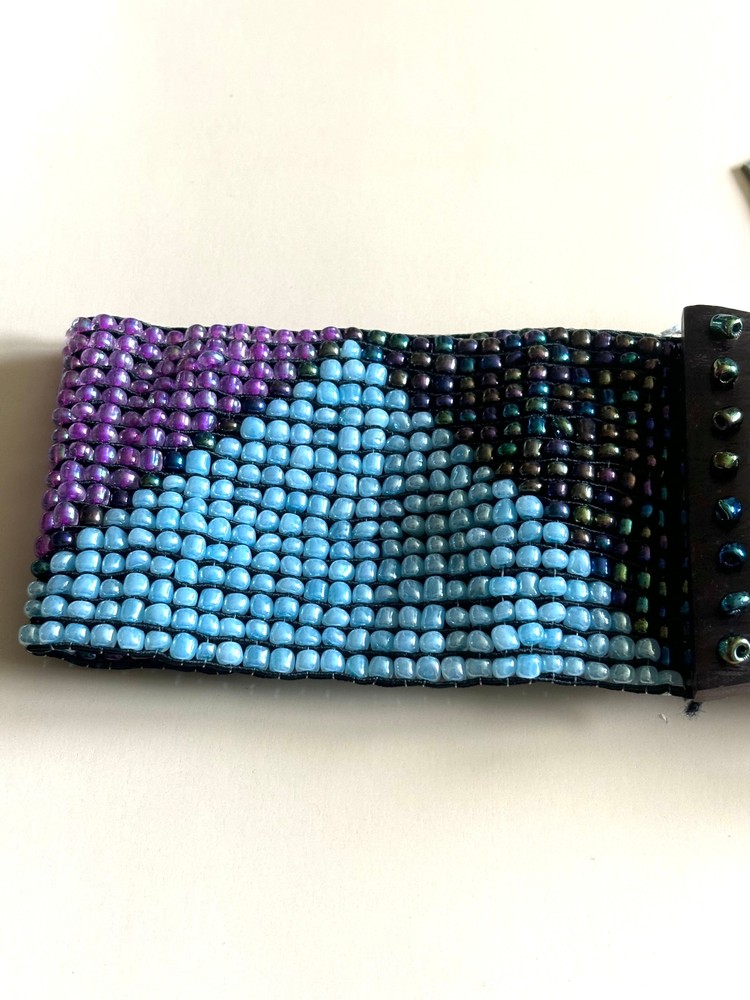 Hand loomed glass bead belt wood scroll triangles
