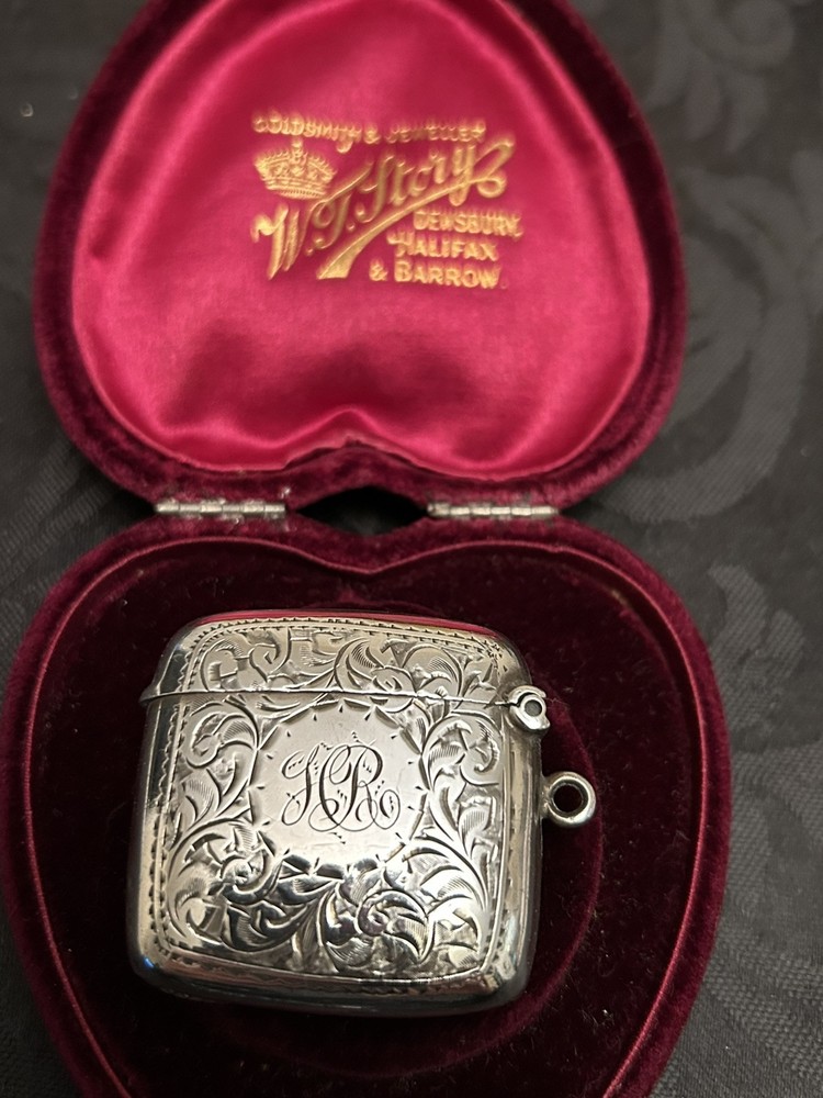 antique solid silver vesta box initials HR