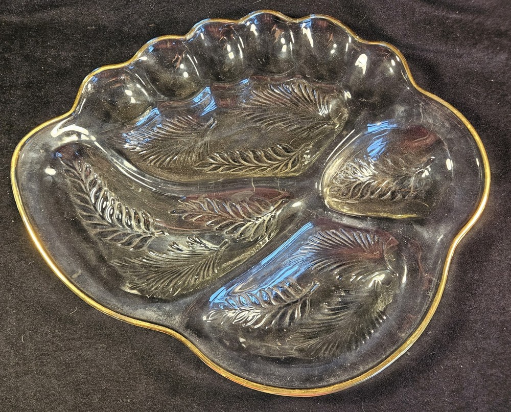 Vintage Divided Serving Tray Deviled Eggs Feather Pattern Clear w/ Gold Trim 17"