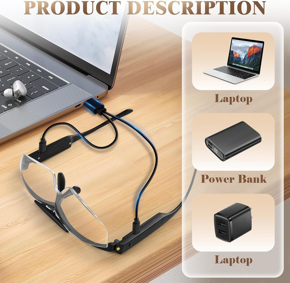 Magnifying Glasses 200% LED Light USB Rechargeable Hands Free Magnifier Eyewear