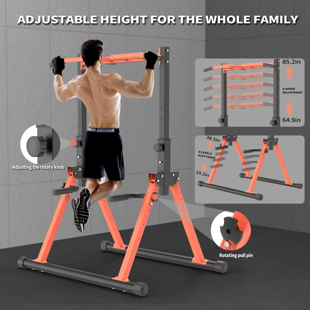 Foldable Pull Up Bar Dip Station, adjustable Height Power Tower For All peopl...