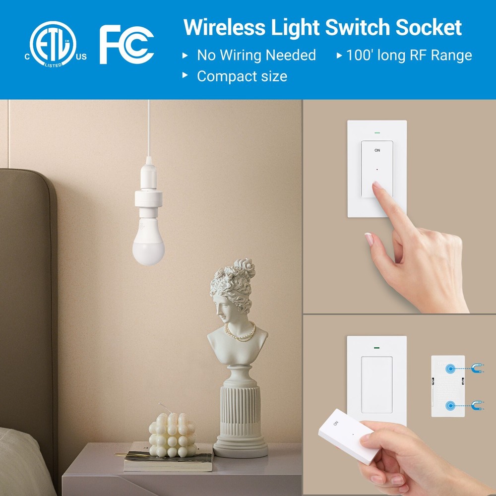 DEWENWILS Remote Control Light Socket, Mounted Wireless Light Switch 100FT Range