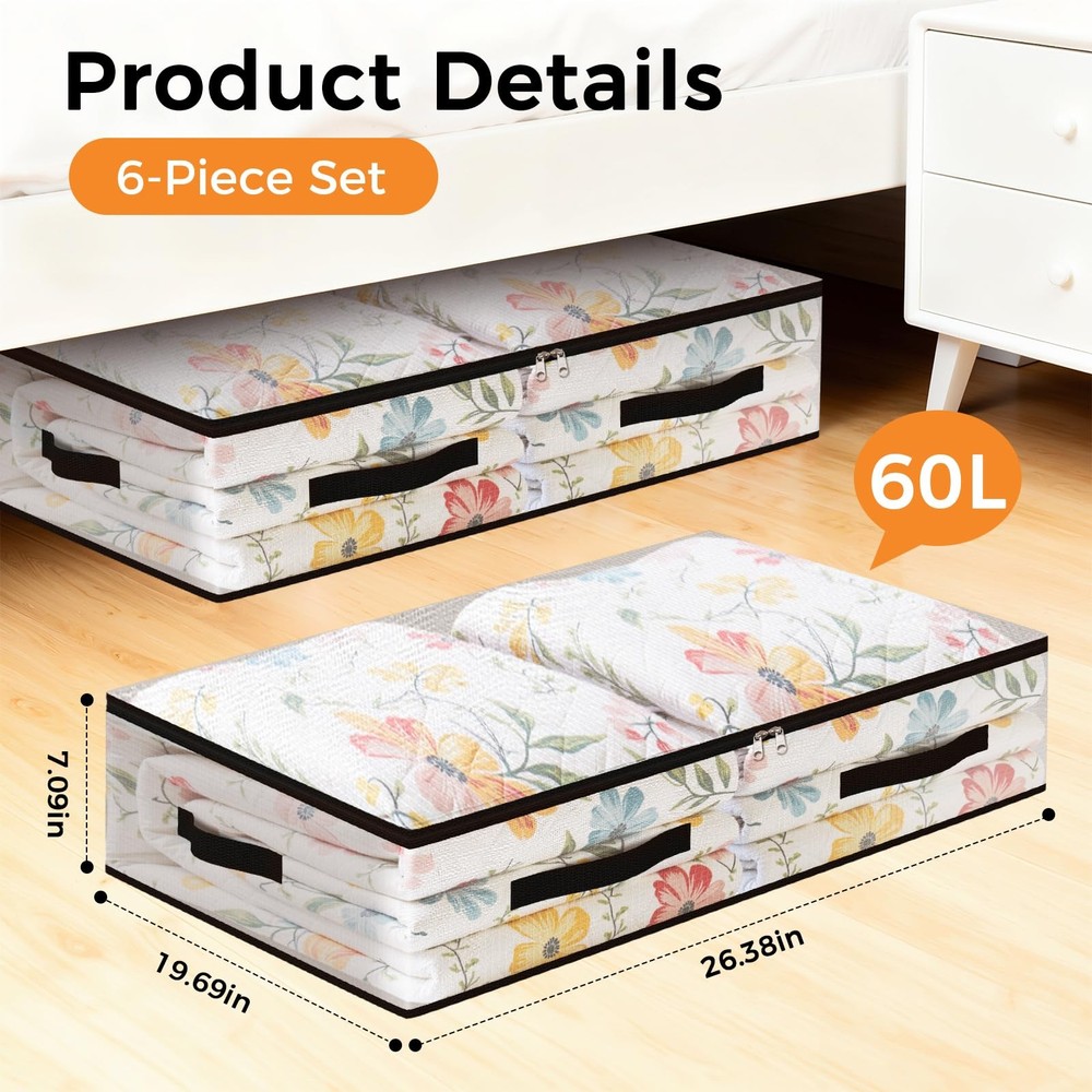 6 Pack Under Bed Storage Bags, 60L Foldable Clear Storage Containers with Han...