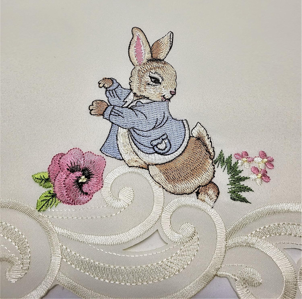 Easter Table Runner with Easter Bunny and Eggs on Ivory Material Size 34 X 15 In