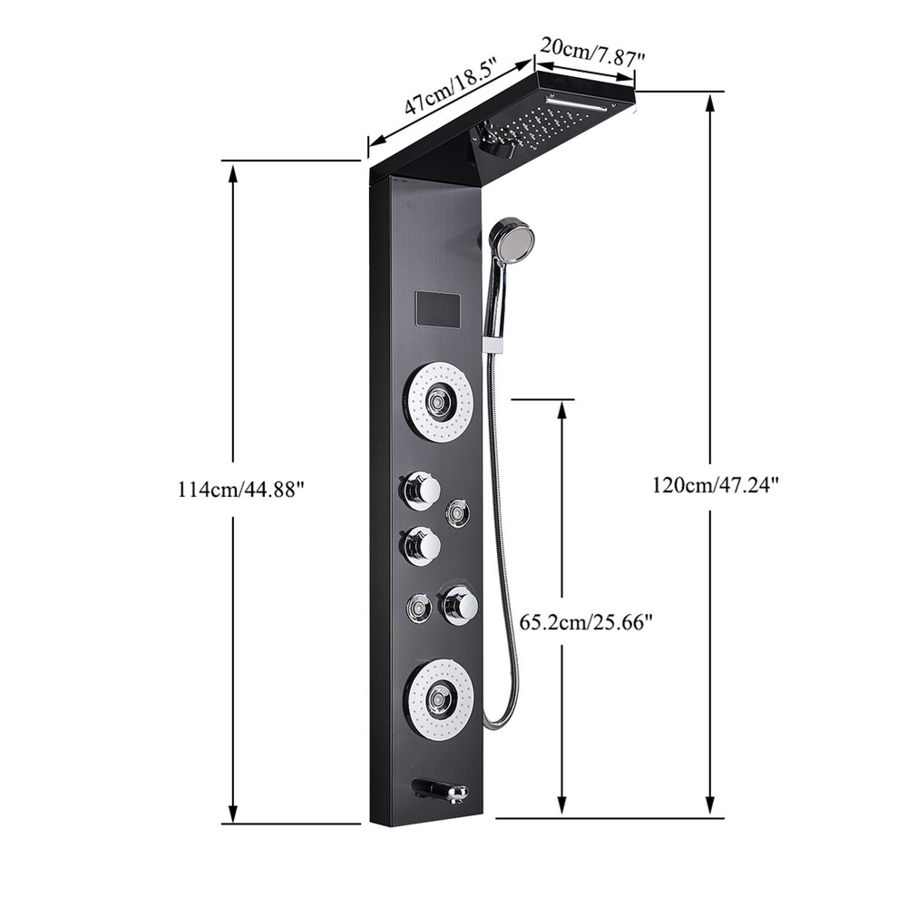 Black Shower Panel Tower System LED Rain&Waterfall Head Combo Massage Jets Mixer