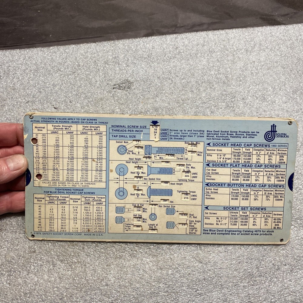 Blue Devil Socket Screw Guide Slide Chart, 1979