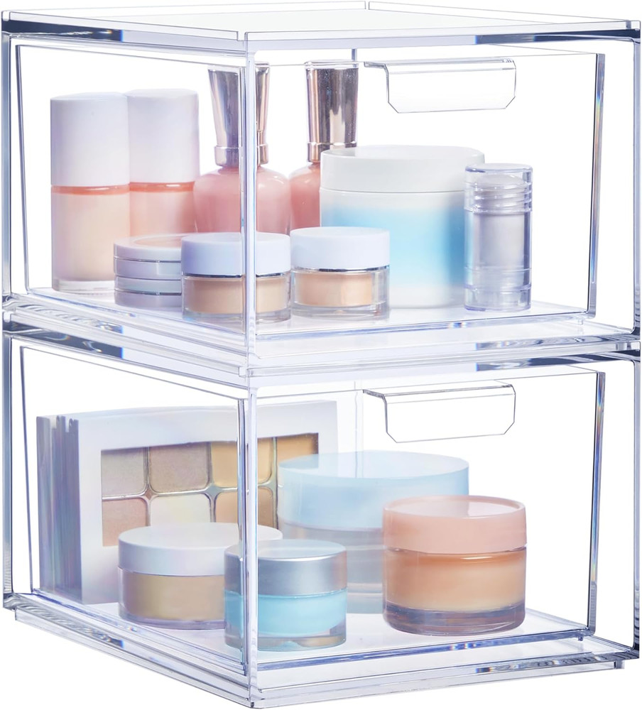 Audrey Stackable Clear Bin Plastic Organizer Drawers | 2 Piece Set | Organize Co