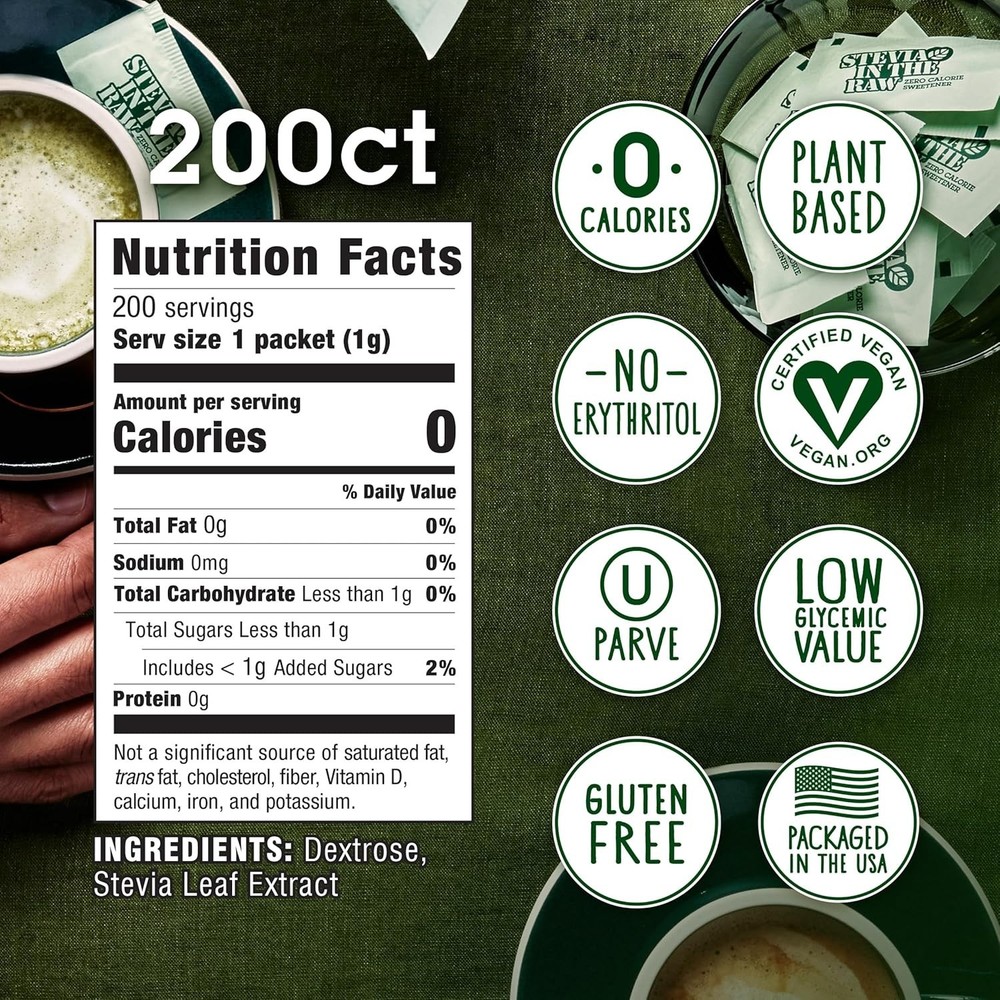 Zero Calorie Stevia Sweetener Packets 200 Count Box Low Glycemic Index