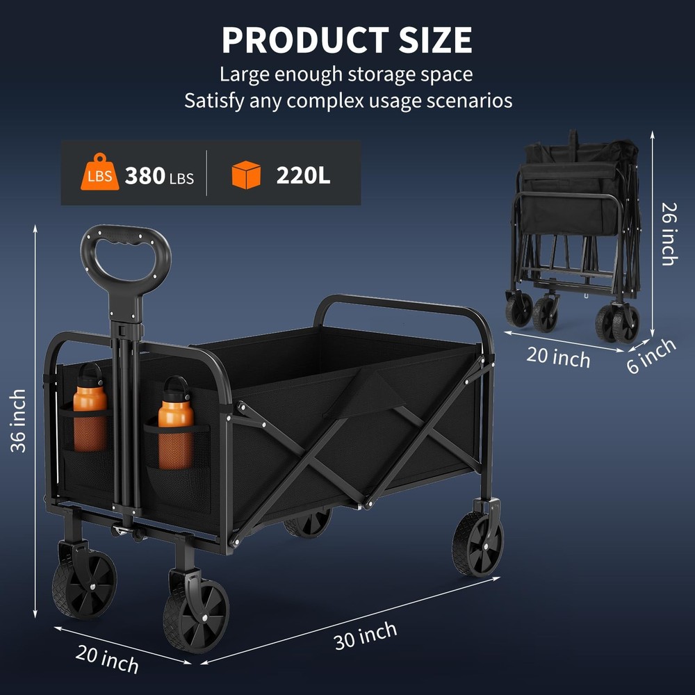 380LBS Wagons Carts Foldable,Utility Collapsible Wagon W/Adjustable Handle,Garde