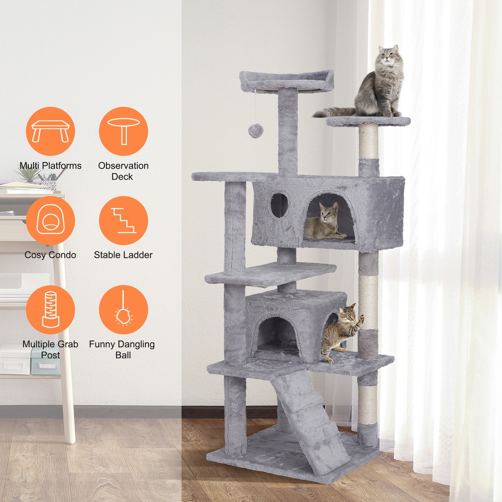 55'' Cat Tree Tower with Sisal Posts Sturdy Cat Activity Center Light Grey