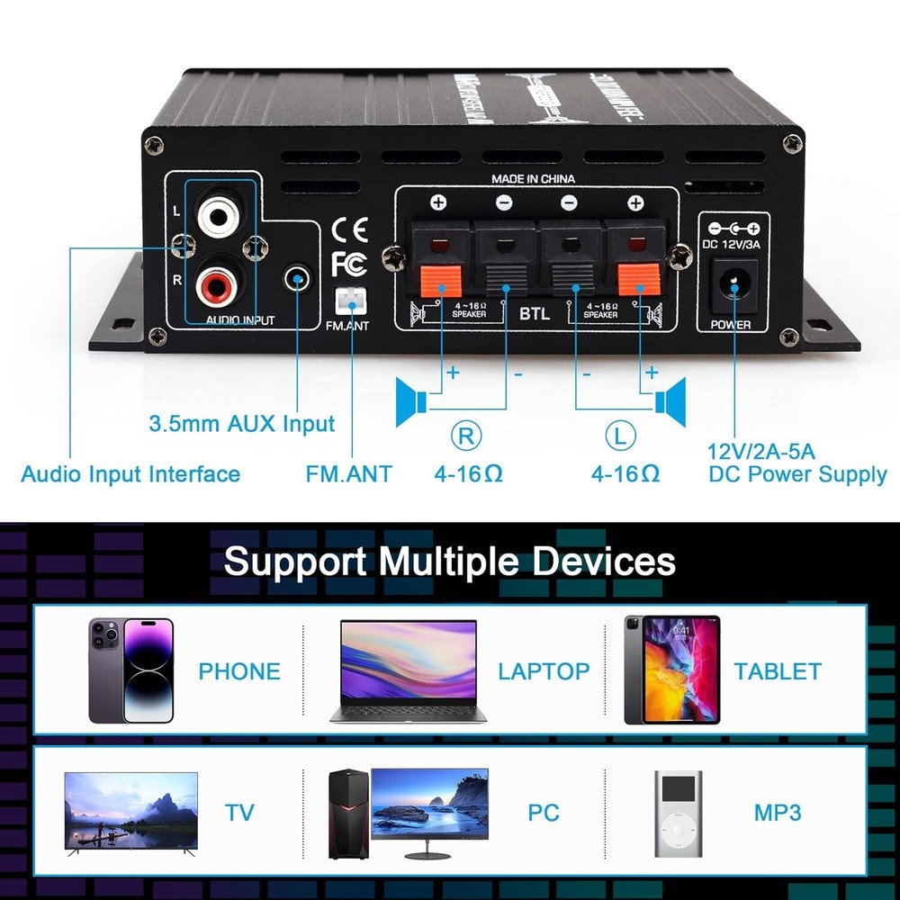 Compact Bluetooth Amplifier with Remote Control - Supports Bluetooth/USB/AUX/RCA